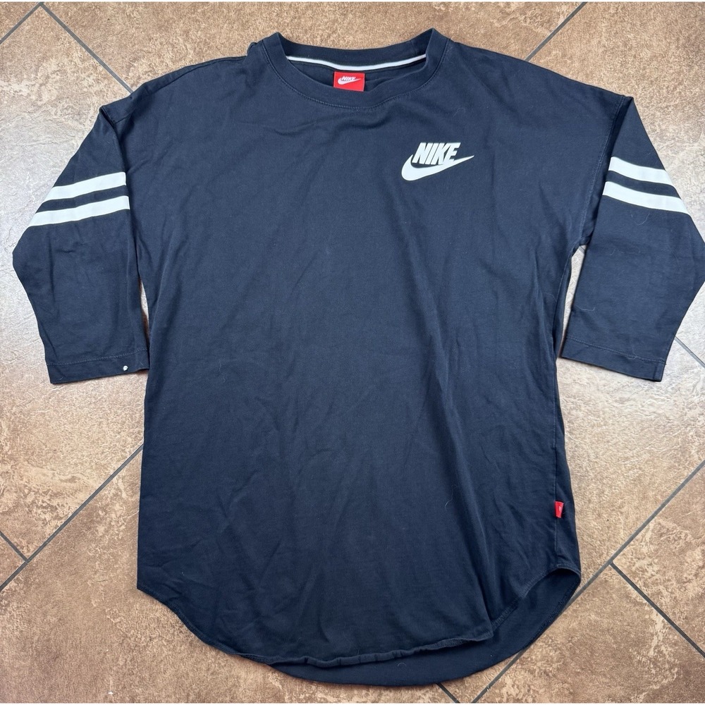 Nike Shirt Womens M Black Just Do It 3/4 Sleeve Striped Jersey Top Sports